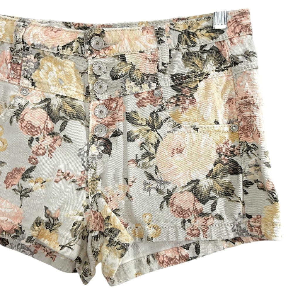 Almost Famous Y2K Floral Denim Shorts Juniors Size 9 Button Fly Boho Stretch